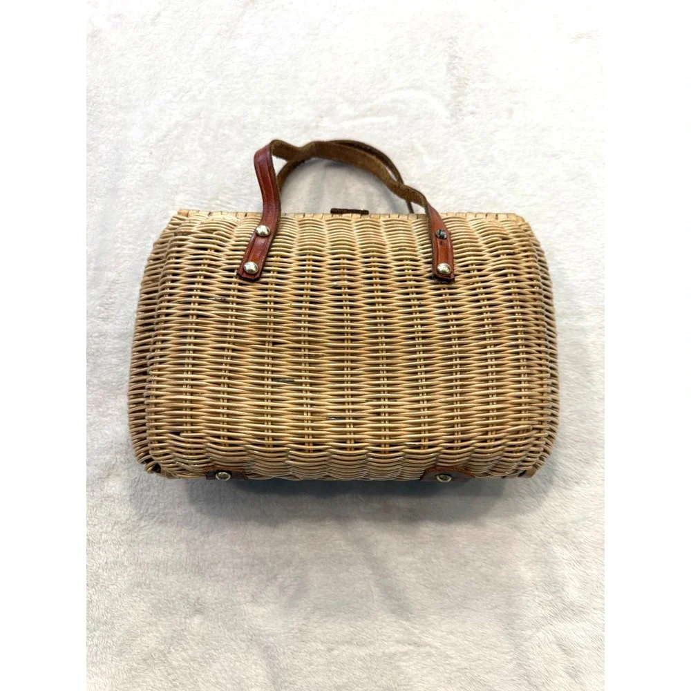 Vintage 1950s British Wicker Basket Handbag Brown Leather Trim Mid-Century Woven